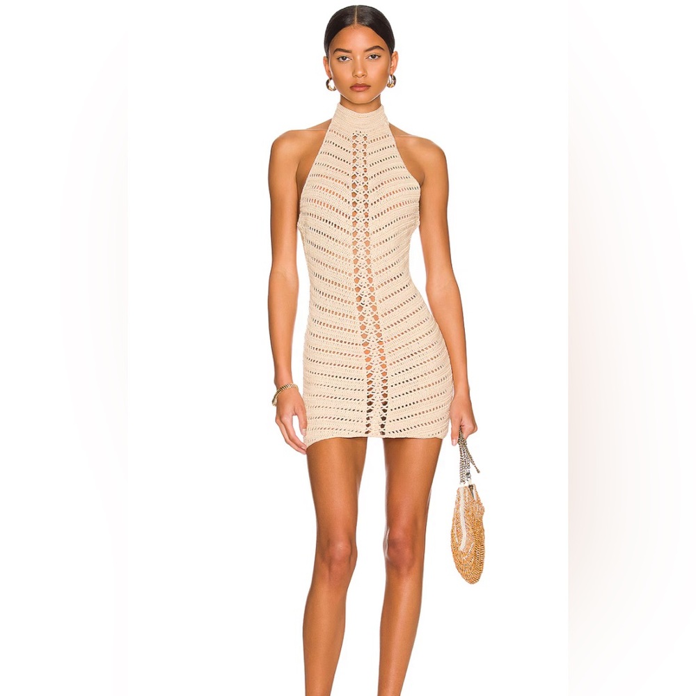 NWOT $218 Revolve Camila Coelho Lyssa Hand Crochet Halter Mini Dress in Sand Med - Picture 16 of 16